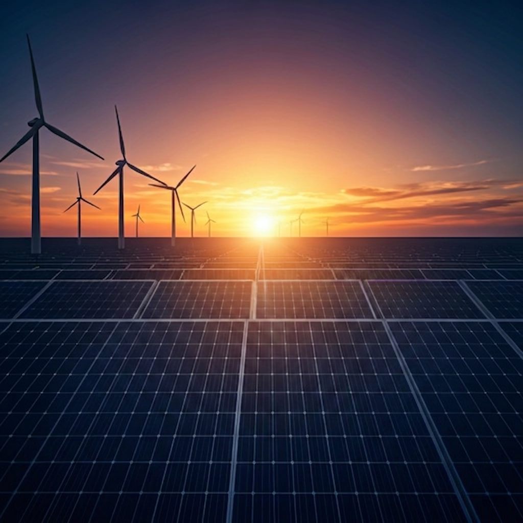 Wind turbines and solar panels across Sindh at sunset