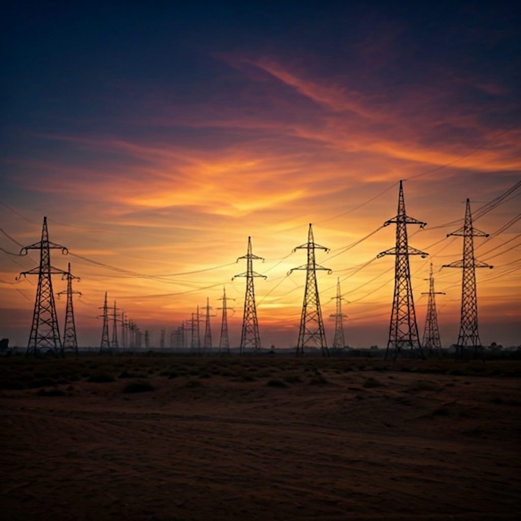 Dramatic power transmission lines at sunset