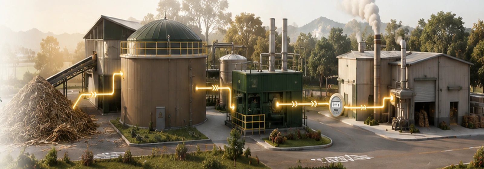 Bagasse and biogas generation plant supplying a mill on the same premises